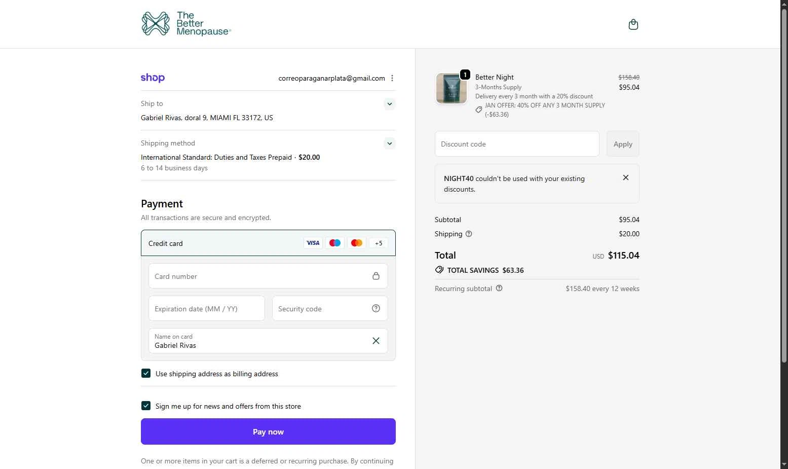 The Better Menopause checkout page showing The Better Menopause promo code box | Screenshot taken by SimplyCodes community member on Jan 2, 2026