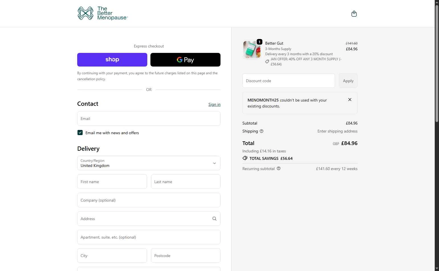 The Better Menopause checkout page showing The Better Menopause promo code box | Screenshot taken by SimplyCodes community member on Dec 29, 2025