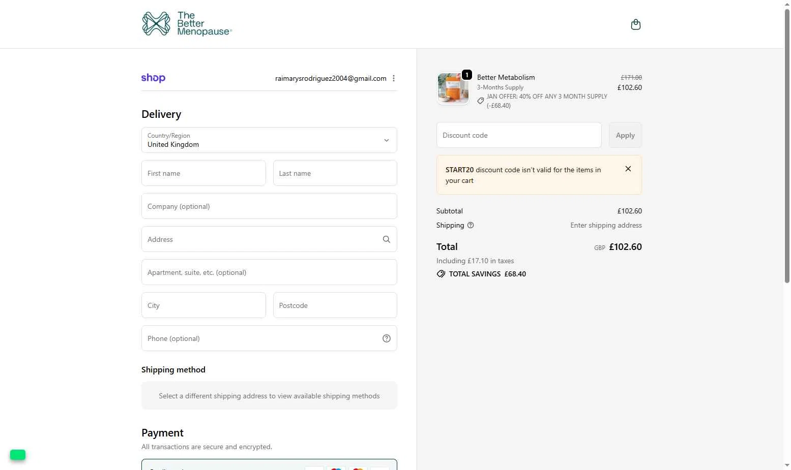 The Better Menopause checkout page showing The Better Menopause promo code box | Screenshot taken by SimplyCodes community member on Dec 31, 2025