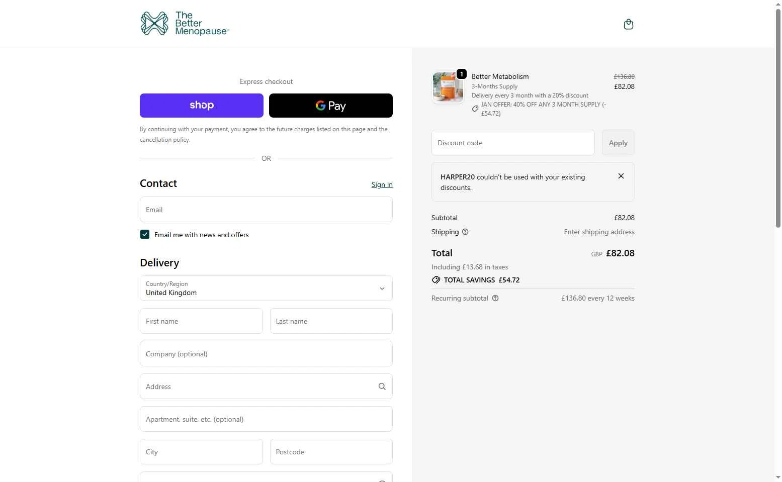 The Better Menopause checkout page showing The Better Menopause promo code box | Screenshot taken by SimplyCodes community member on Jan 8, 2026