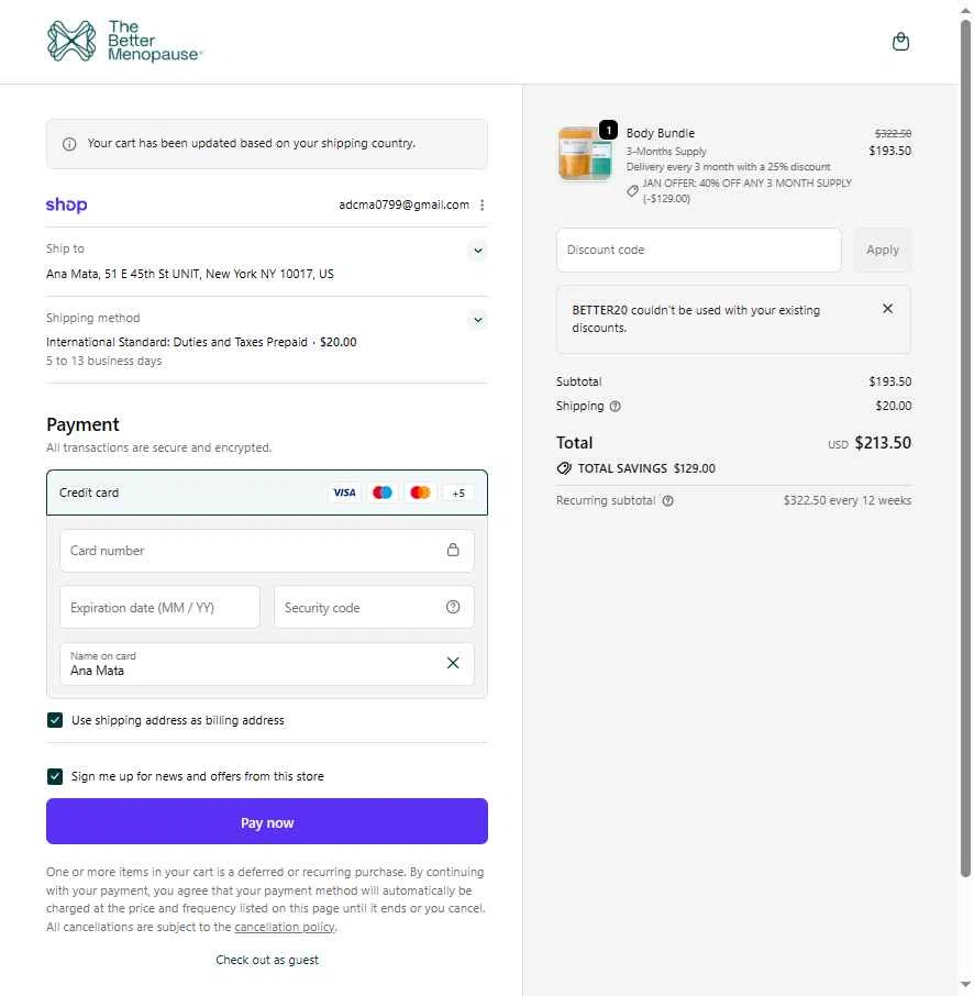 The Better Menopause checkout page showing The Better Menopause promo code box | Screenshot taken by SimplyCodes community member on Jan 4, 2026