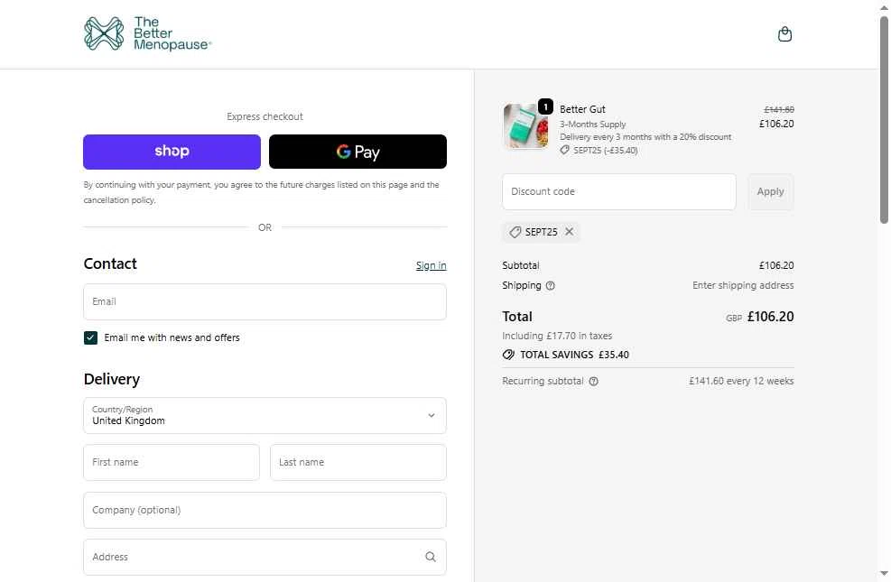 The Better Menopause checkout page showing The Better Menopause promo code box | Screenshot taken by SimplyCodes community member on Dec 23, 2025