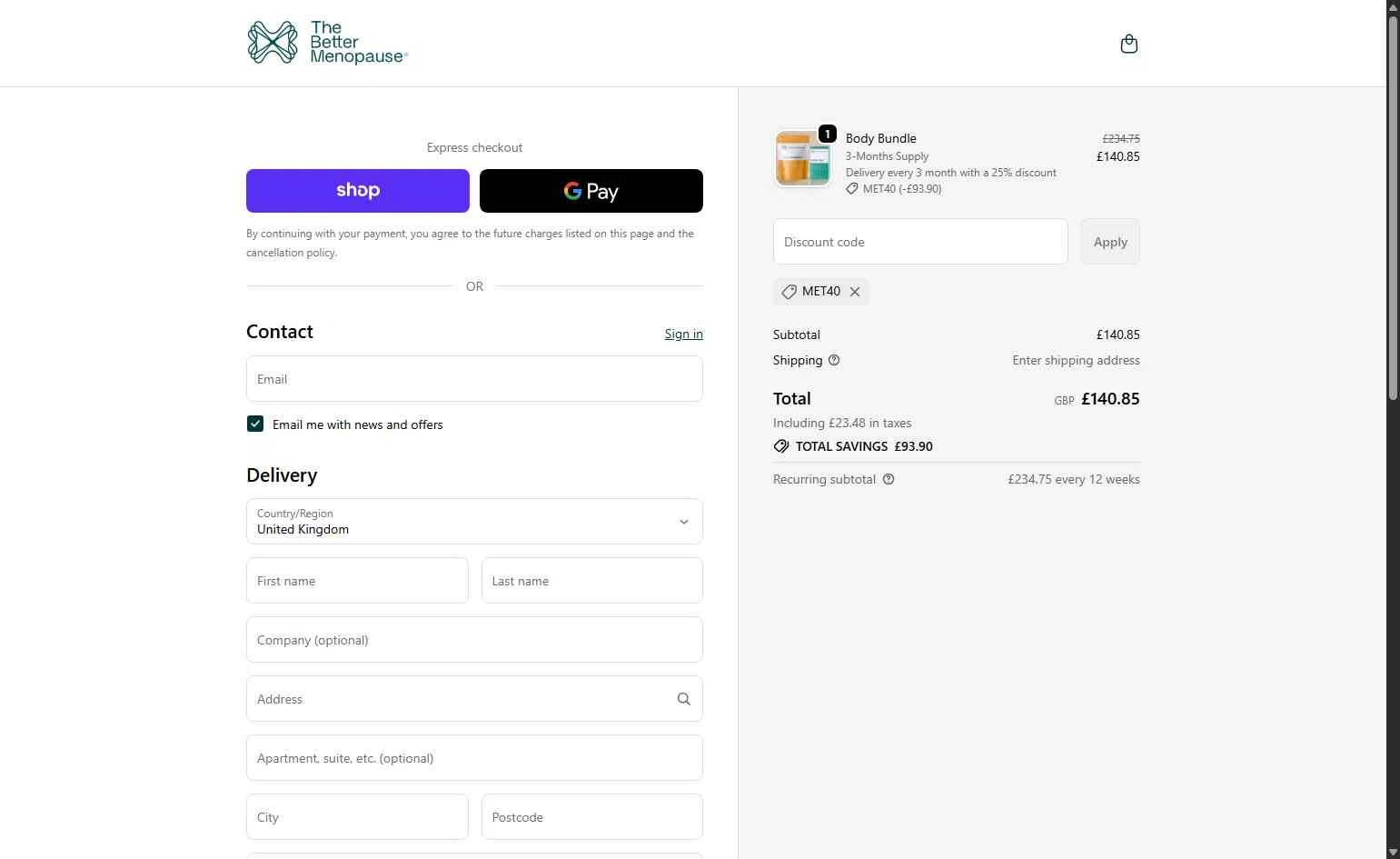 The Better Menopause checkout page showing The Better Menopause promo code box | Screenshot taken by SimplyCodes community member on Jan 11, 2026