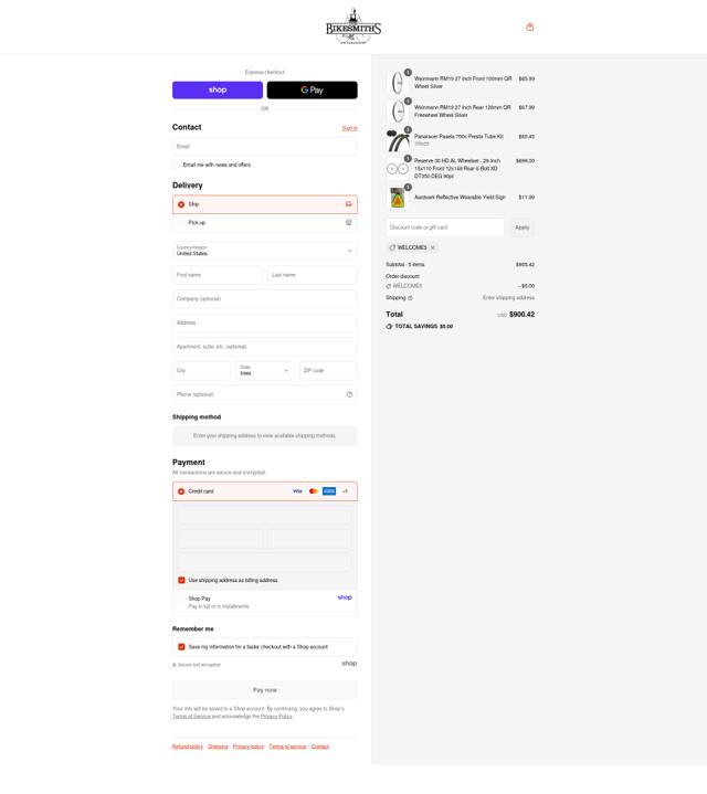 The Bikesmiths checkout page showing The Bikesmiths discount code box | Screenshot taken by SimplyCodes community member on Sep 10, 2025