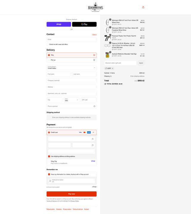 The Bikesmiths checkout page showing The Bikesmiths discount code box | Screenshot taken by SimplyCodes community member on Sep 10, 2025