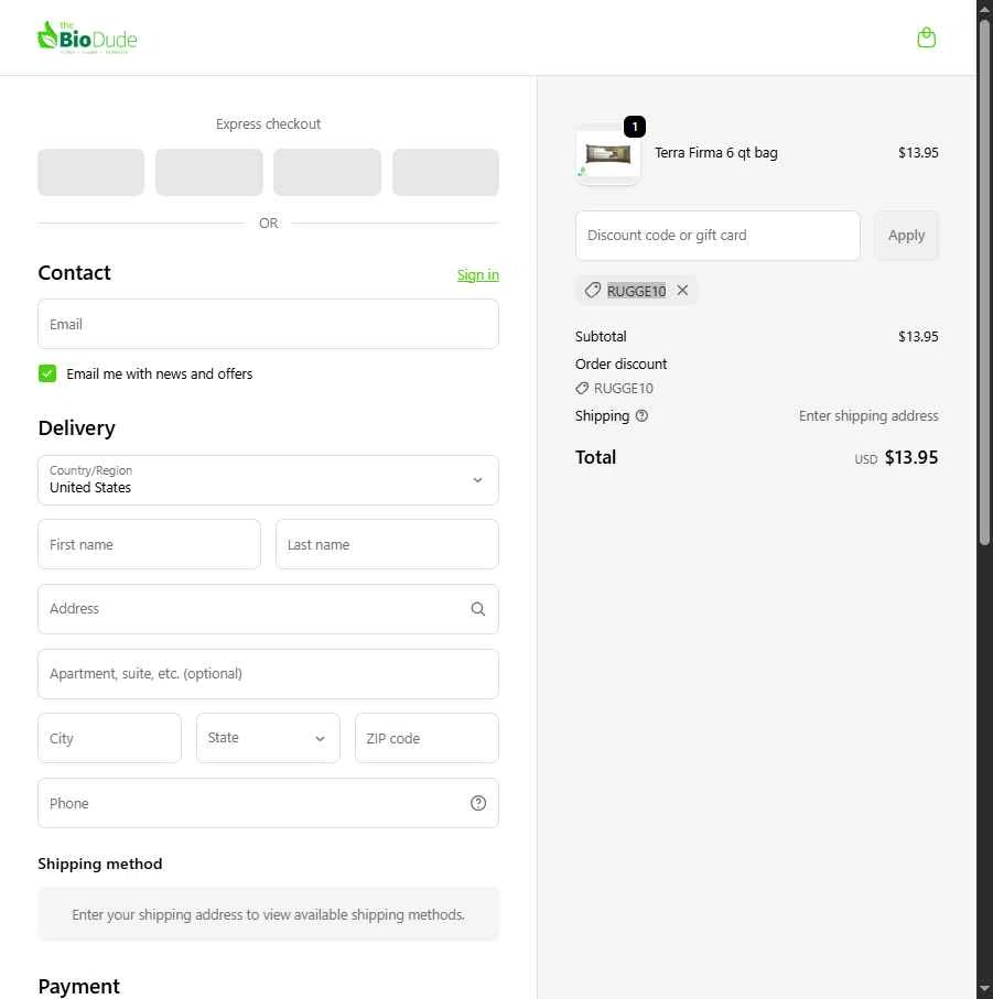 The Bio Dude checkout page showing The Bio Dude promo code box | Screenshot taken by SimplyCodes community member on Feb 5, 2026
