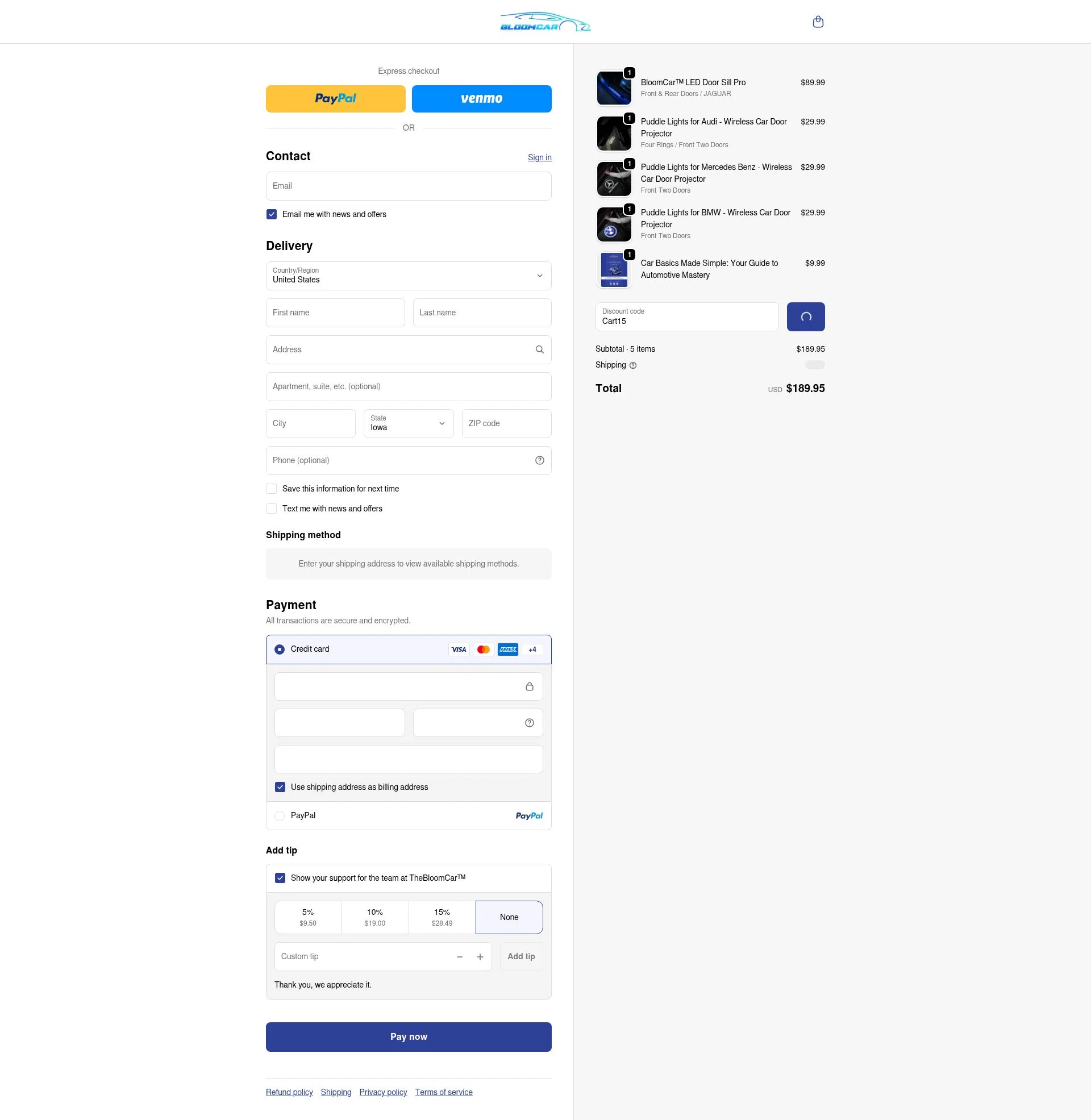 TheBloomCar checkout page showing TheBloomCar promo code box | Screenshot taken by SimplyCodes community member on Feb 23, 2026
