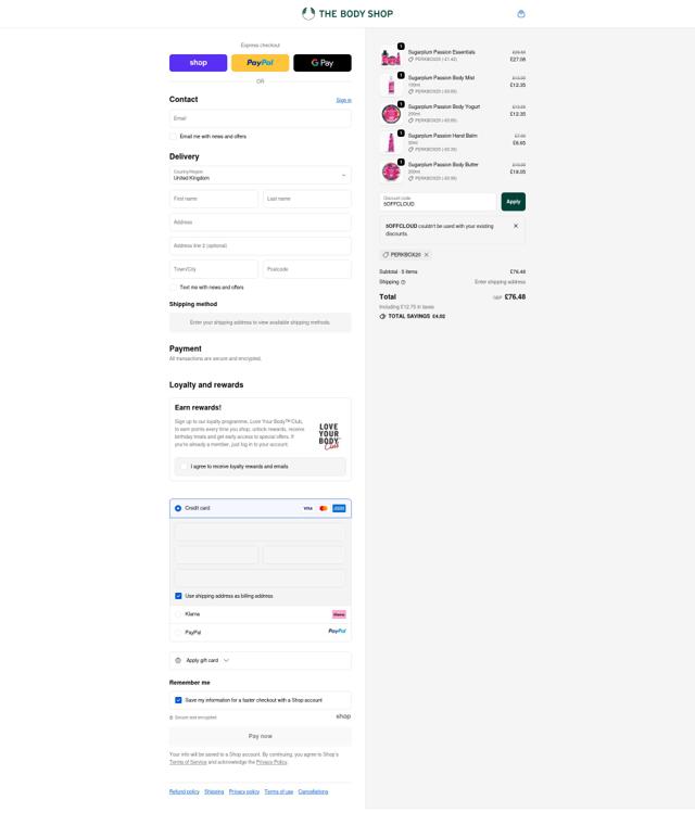 The Body Shop checkout page showing The Body Shop promo code box | Screenshot taken by SimplyCodes community member on Oct 4, 2025