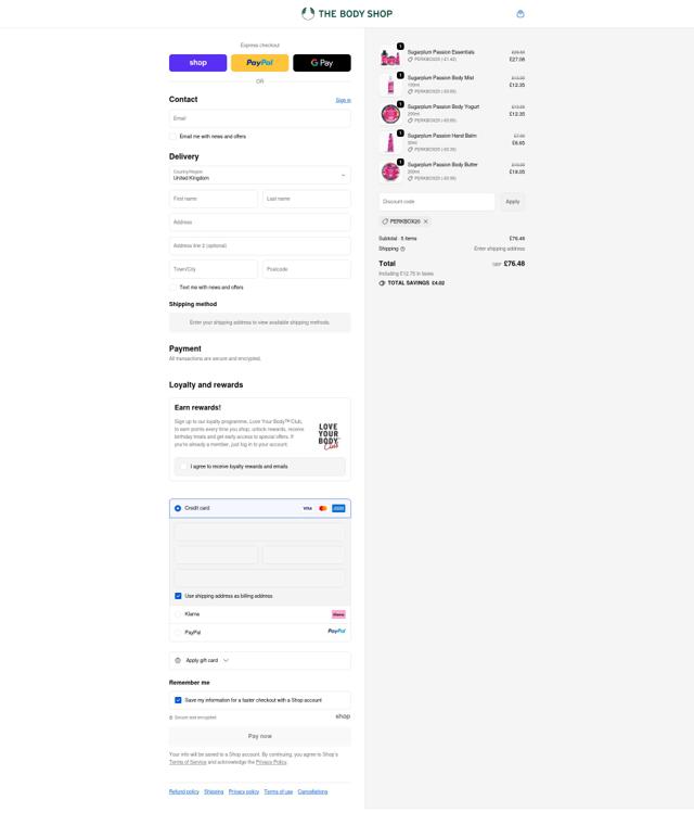 The Body Shop checkout page showing The Body Shop promo code box | Screenshot taken by SimplyCodes community member on Oct 4, 2025