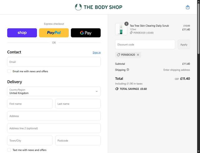 The Body Shop checkout page showing The Body Shop promo code box | Screenshot taken by SimplyCodes community member on Sep 12, 2025