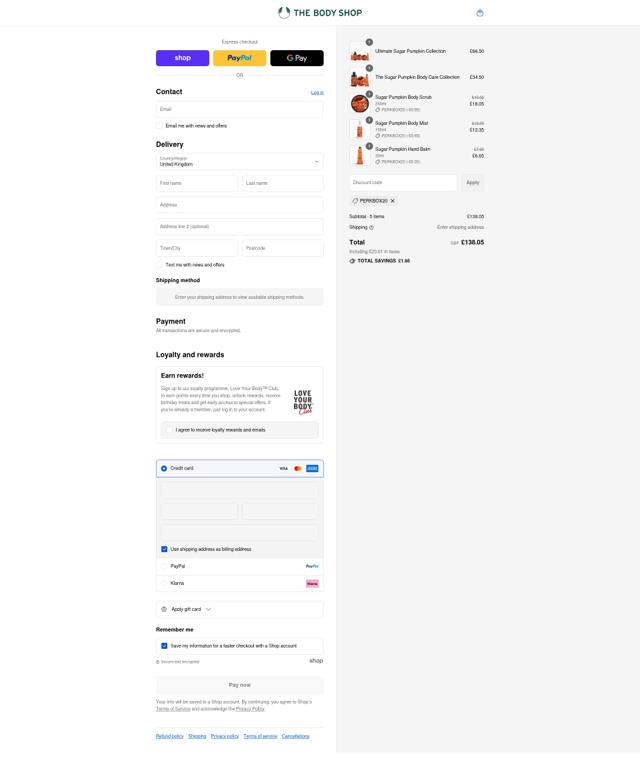The Body Shop checkout page showing The Body Shop promo code box | Screenshot taken by SimplyCodes community member on Sep 4, 2025