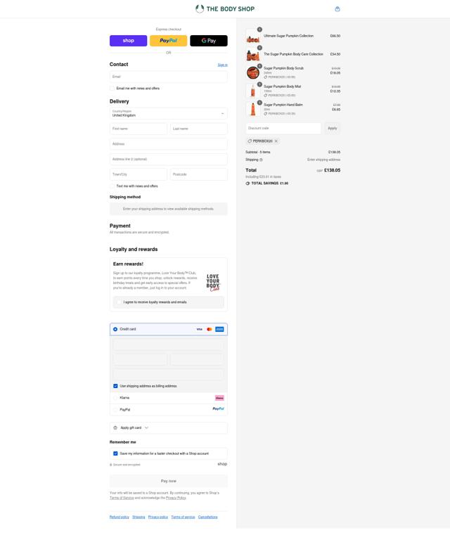 The Body Shop checkout page showing The Body Shop promo code box | Screenshot taken by SimplyCodes community member on Sep 11, 2025