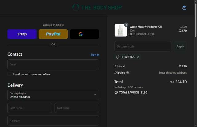 The Body Shop checkout page showing The Body Shop promo code box | Screenshot taken by SimplyCodes community member on Sep 16, 2025