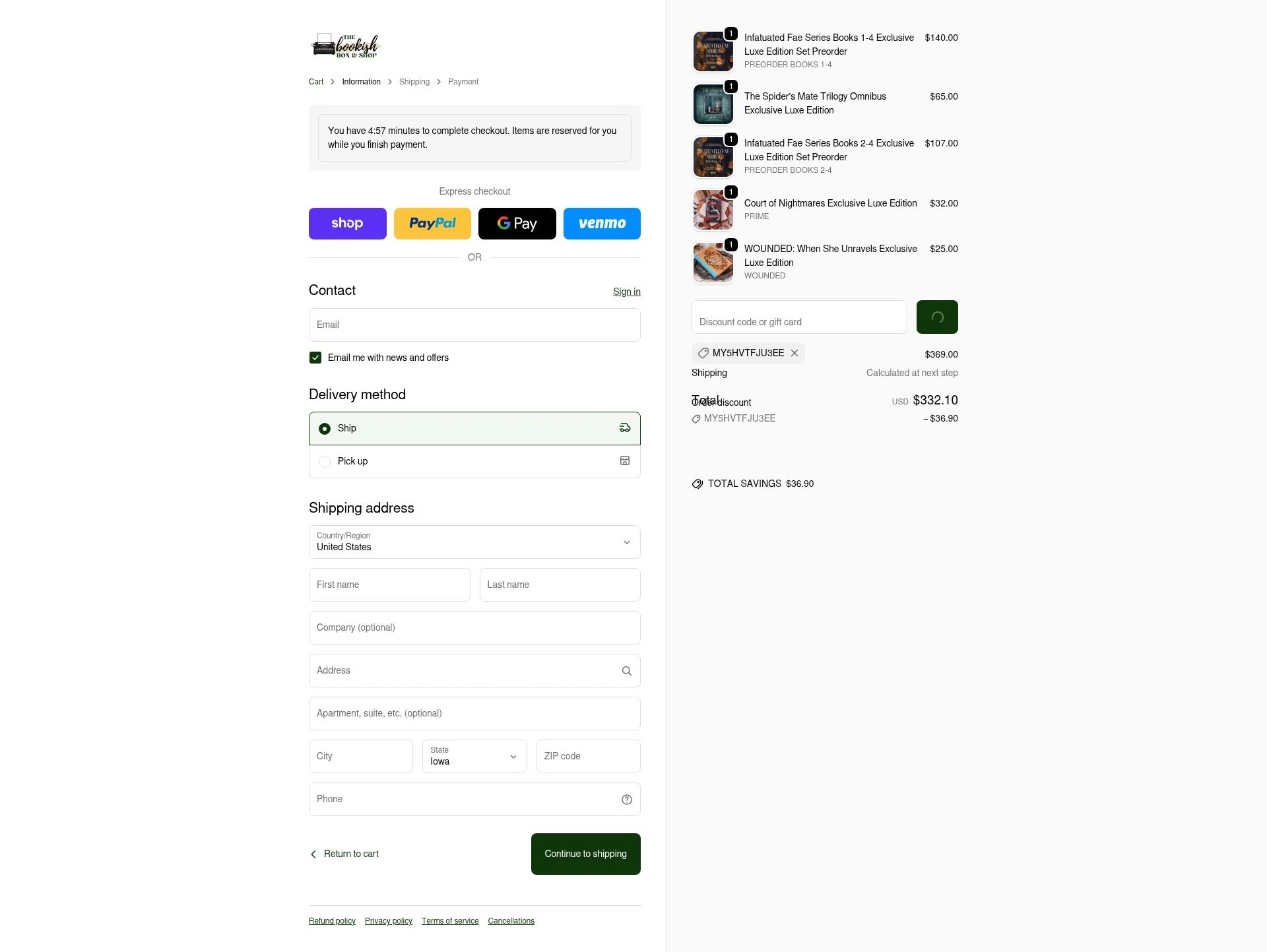 The Bookish Shop checkout page showing The Bookish Shop discount code box | Screenshot taken by SimplyCodes community member on Jan 22, 2026