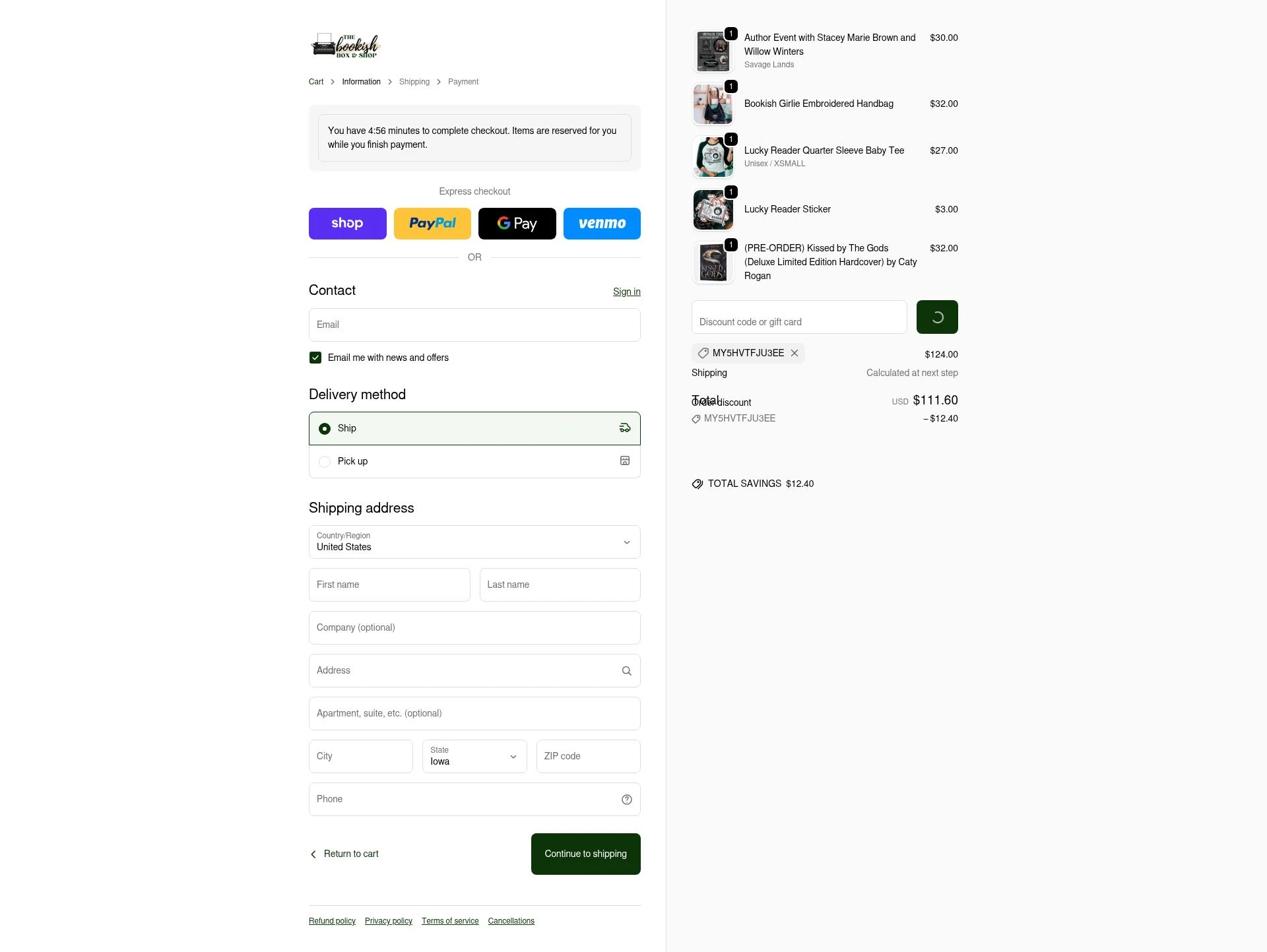 The Bookish Shop checkout page showing The Bookish Shop discount code box | Screenshot taken by SimplyCodes community member on Feb 9, 2026