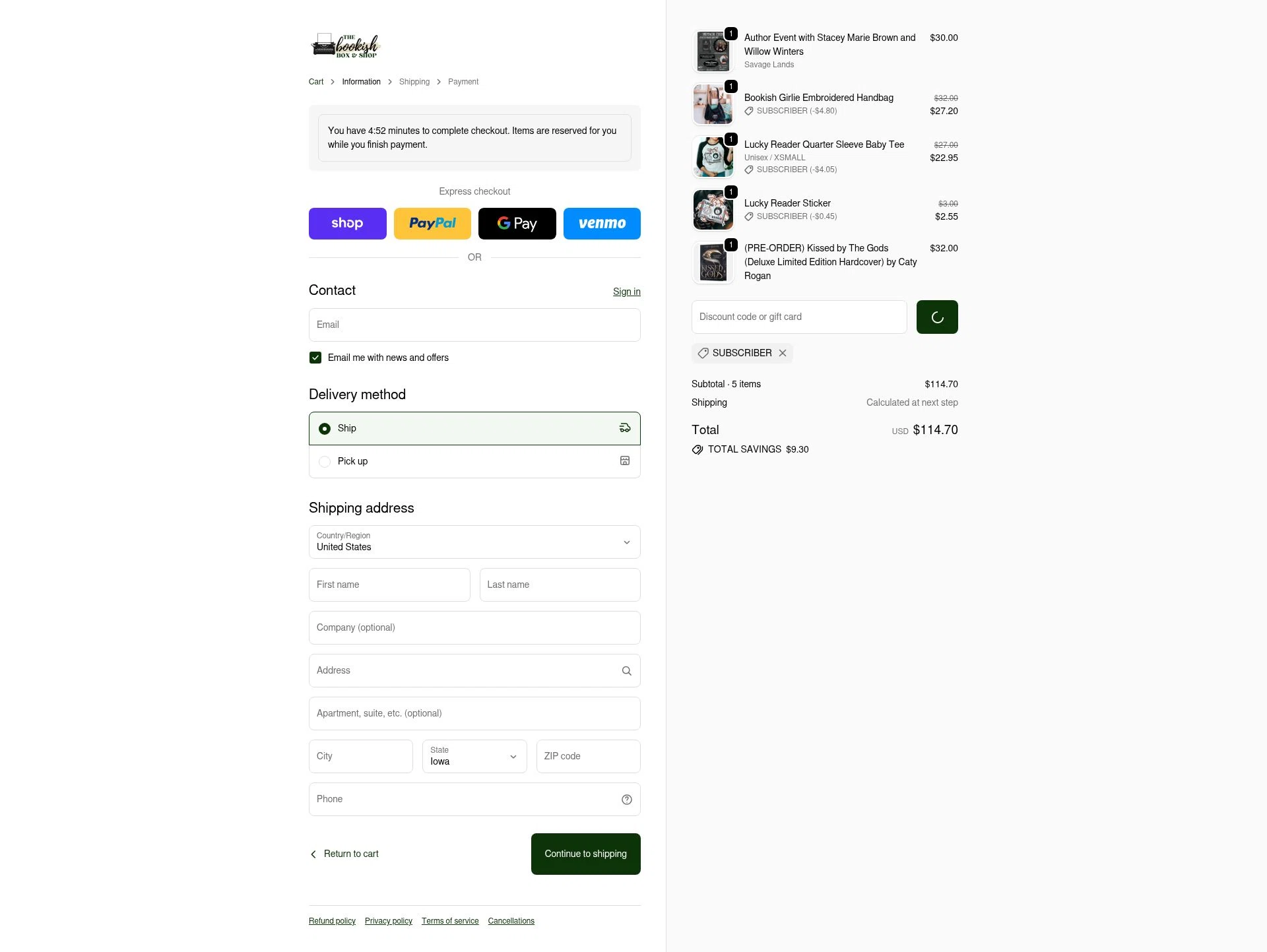 The Bookish Shop checkout page showing The Bookish Shop discount code box | Screenshot taken by SimplyCodes community member on Feb 17, 2026