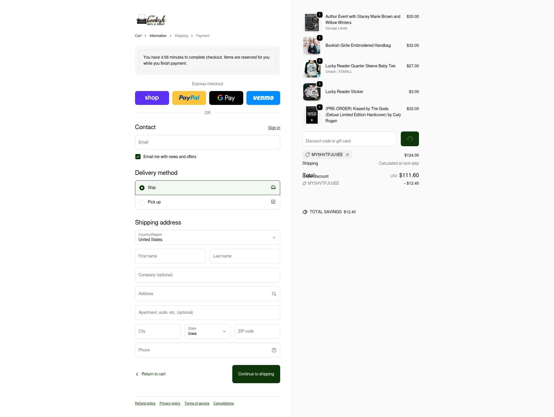 The Bookish Shop checkout page showing The Bookish Shop discount code box | Screenshot taken by SimplyCodes community member on Jan 31, 2026