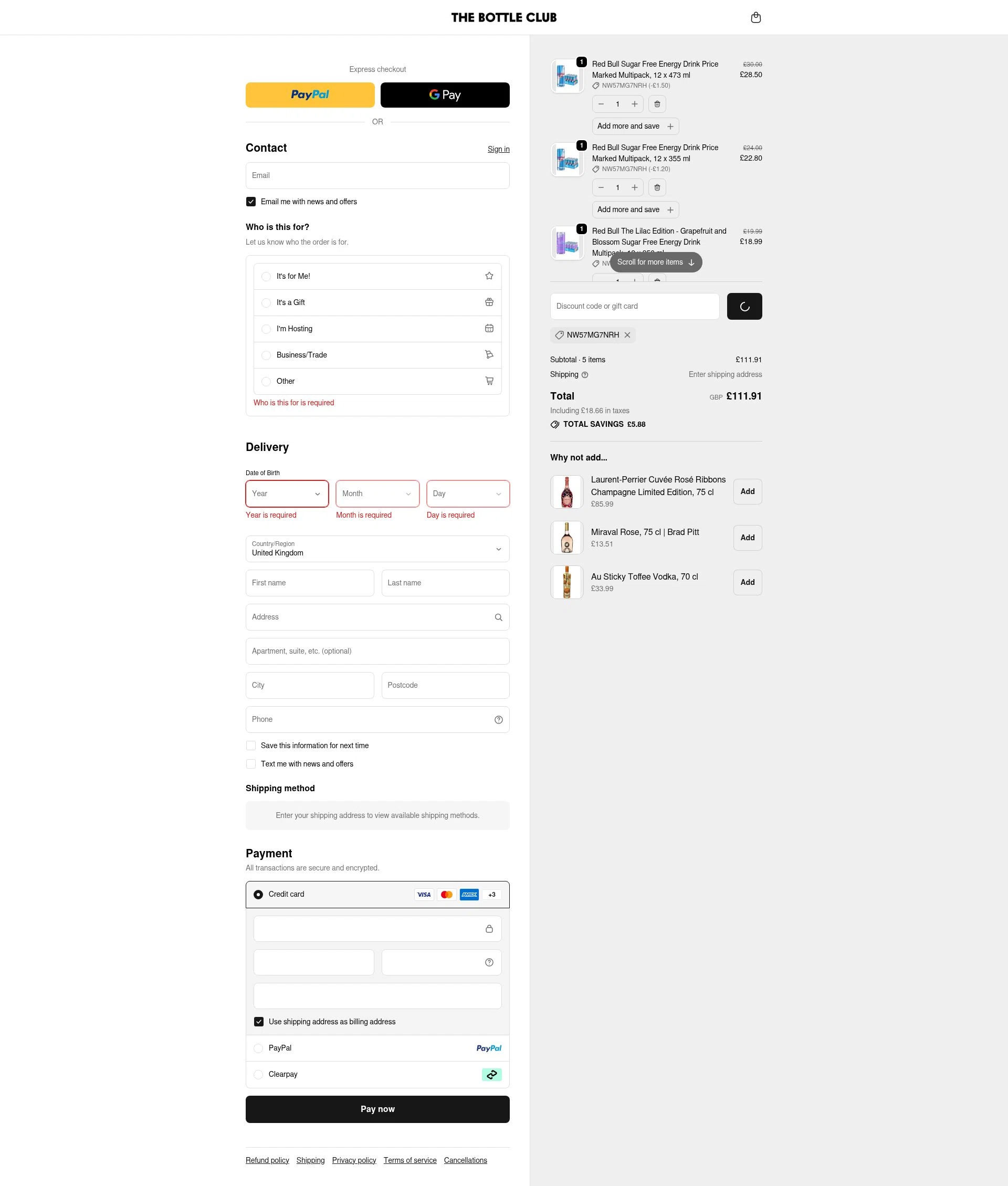 The Bottle Club checkout page showing The Bottle Club discount code box | Screenshot taken by SimplyCodes community member on Jan 11, 2026