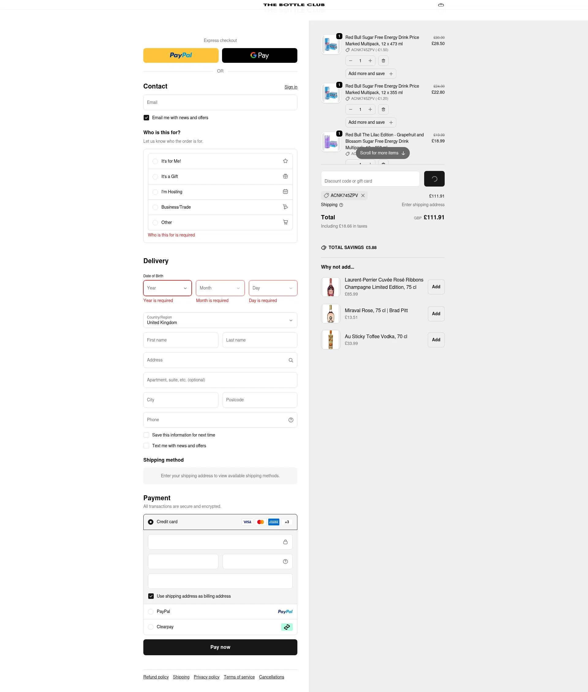 The Bottle Club checkout page showing The Bottle Club discount code box | Screenshot taken by SimplyCodes community member on Jan 11, 2026