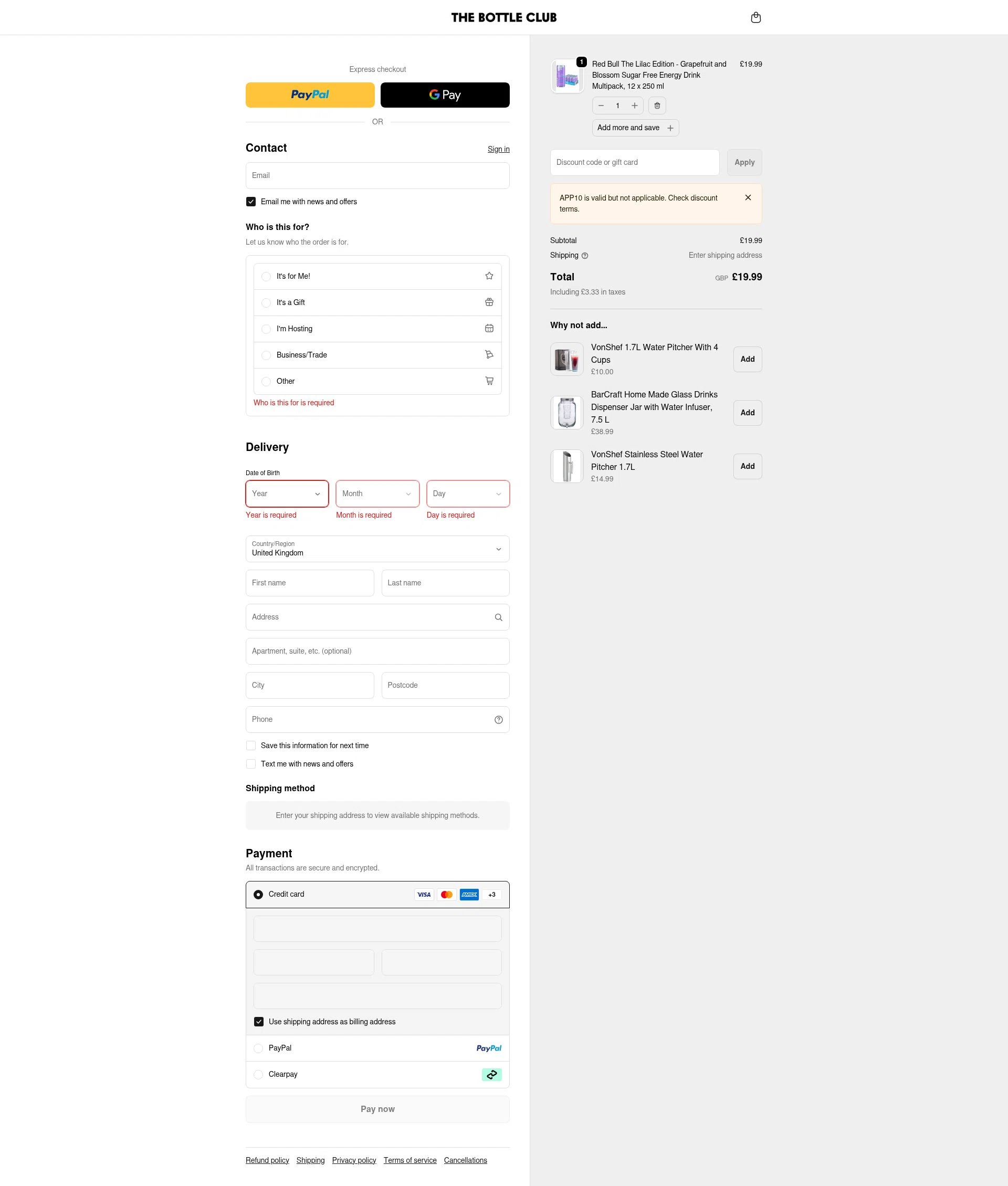 The Bottle Club checkout page showing The Bottle Club discount code box | Screenshot taken by SimplyCodes community member on Jan 6, 2026