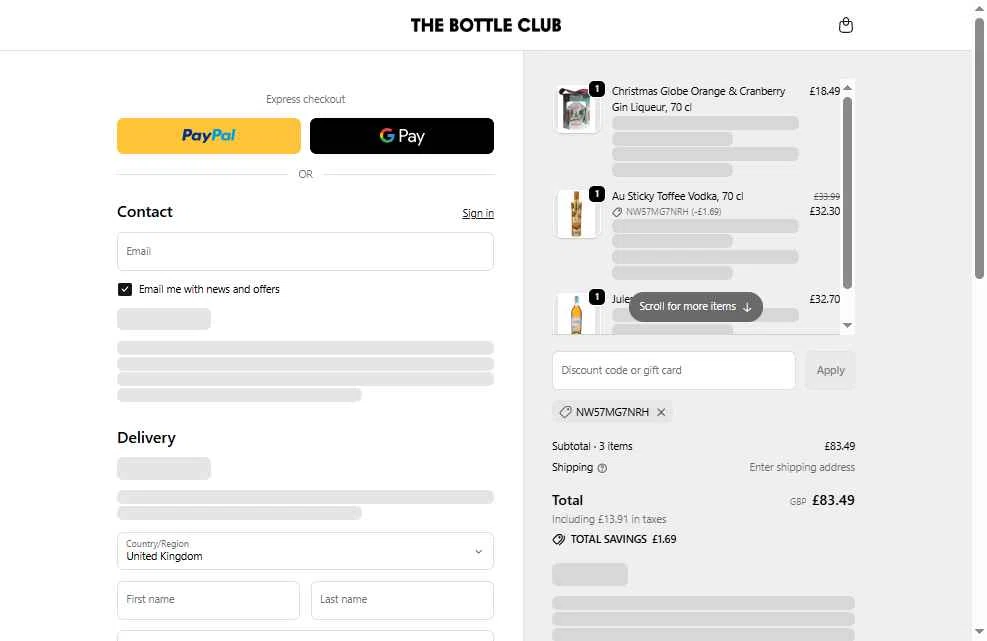 The Bottle Club checkout page showing The Bottle Club discount code box | Screenshot taken by SimplyCodes community member on Jan 6, 2026