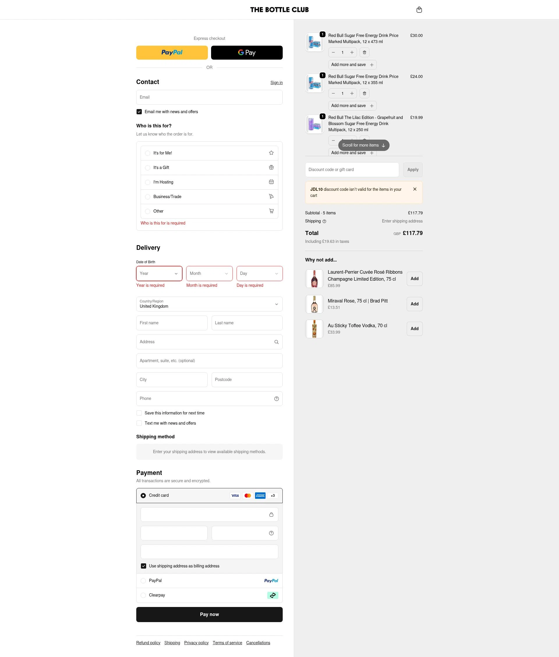 The Bottle Club checkout page showing The Bottle Club discount code box | Screenshot taken by SimplyCodes community member on Jan 11, 2026