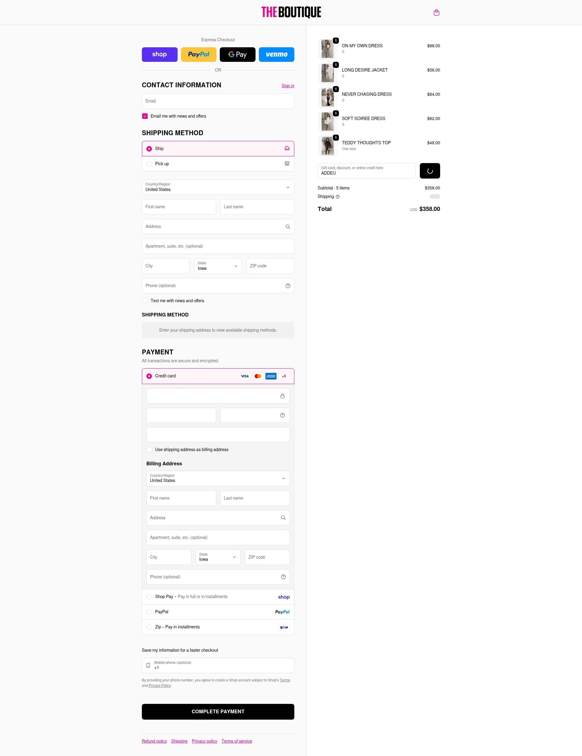 The Boutique checkout page showing The Boutique coupon code box | Screenshot taken by SimplyCodes community member on Feb 11, 2026