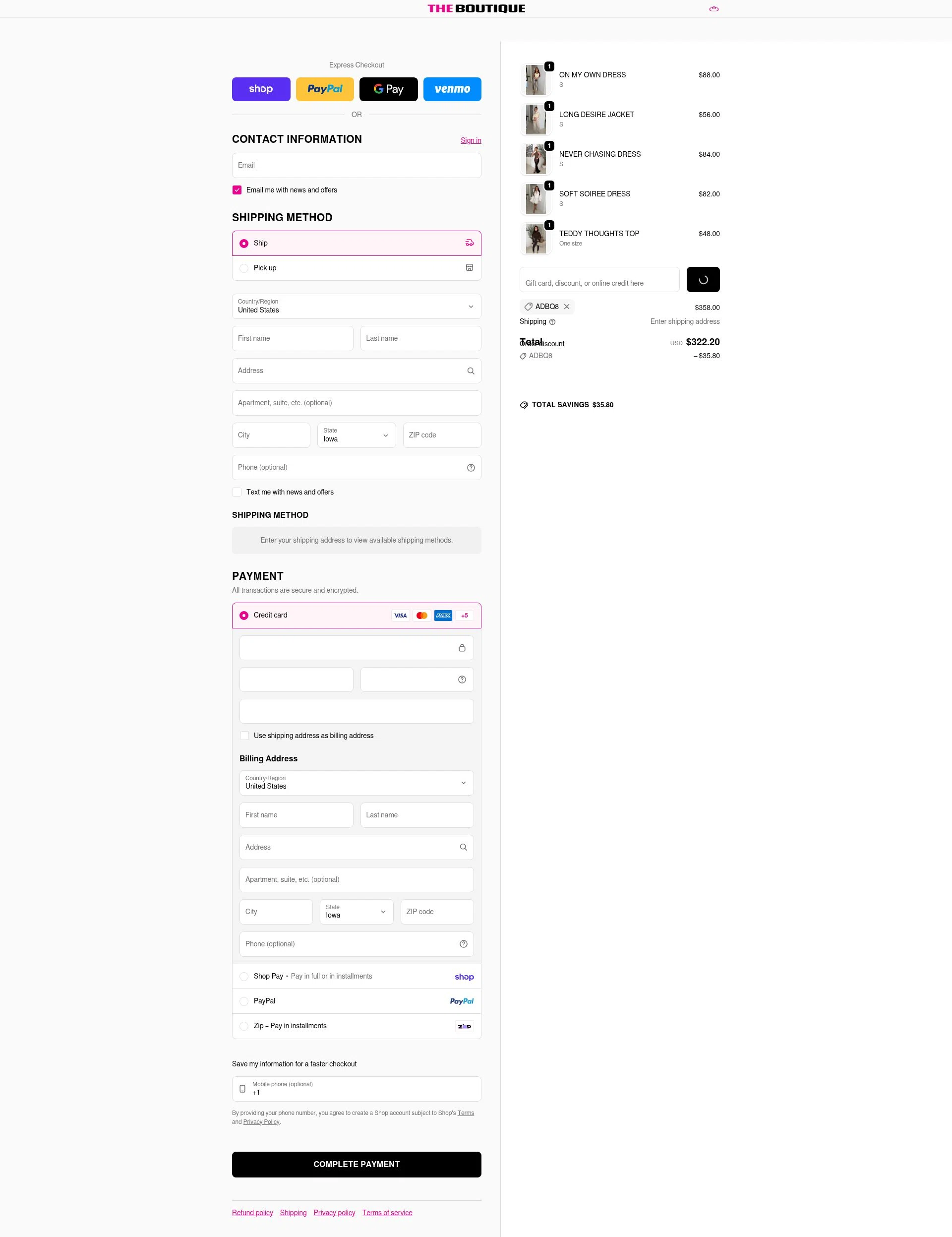 The Boutique checkout page showing The Boutique coupon code box | Screenshot taken by SimplyCodes community member on Feb 10, 2026