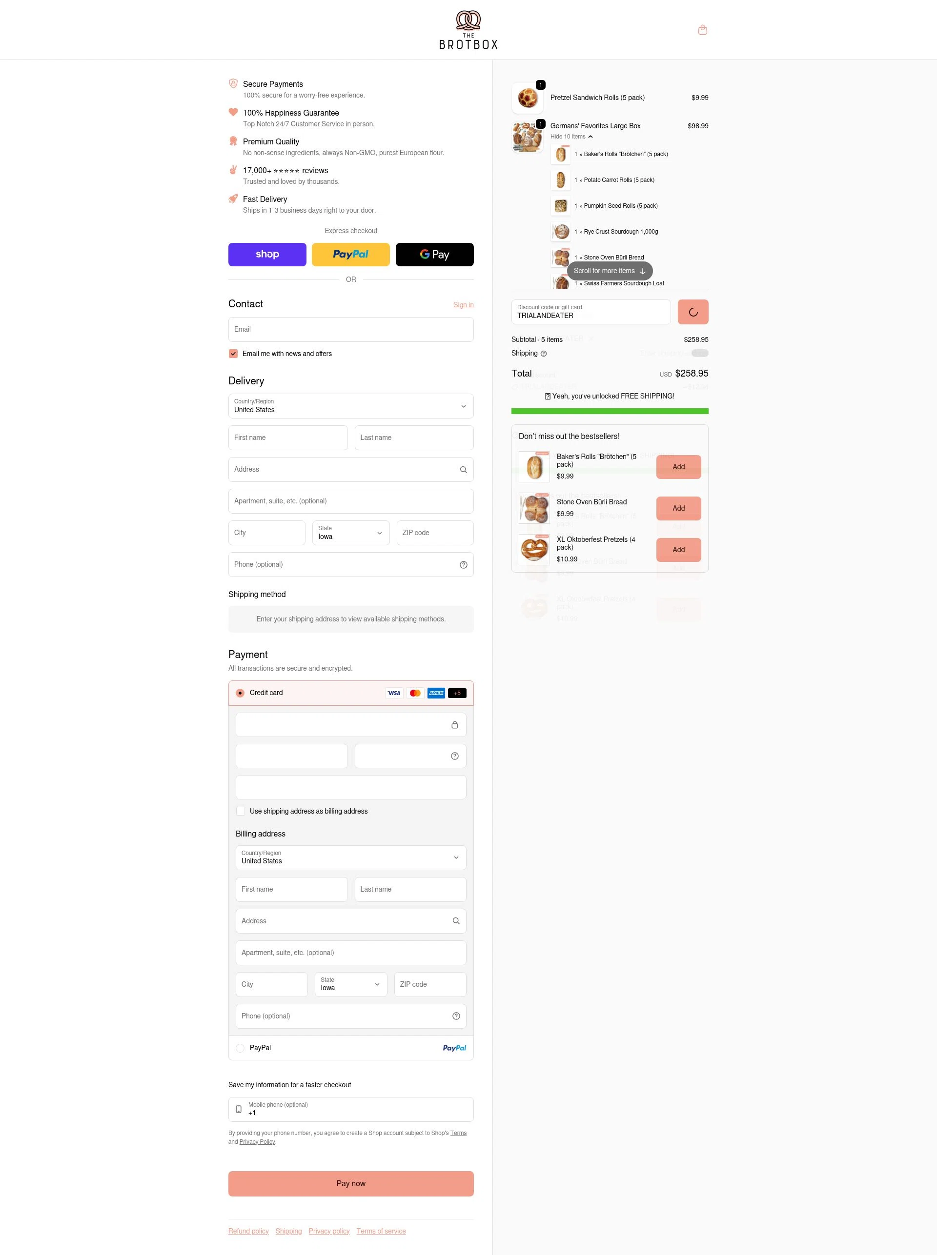 The Brot Box checkout page showing The Brot Box discount code box | Screenshot taken by SimplyCodes community member on Jan 31, 2026