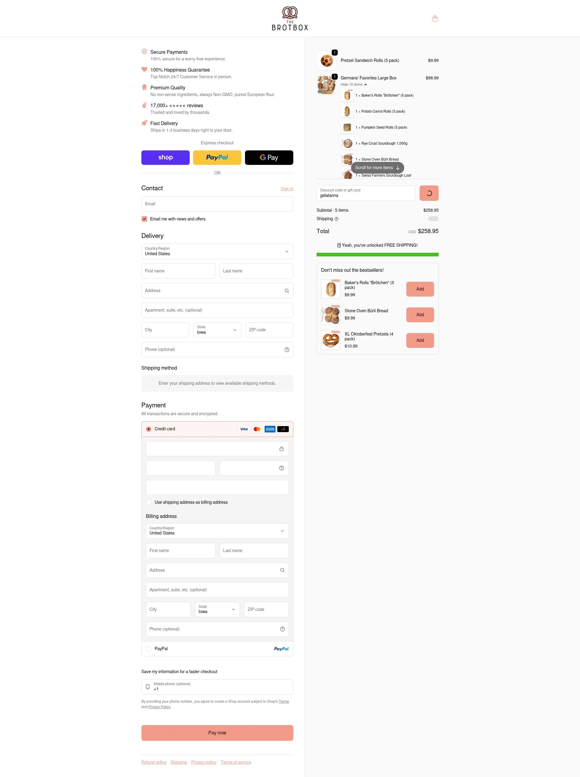 The Brot Box checkout page showing The Brot Box discount code box | Screenshot taken by SimplyCodes community member on Jan 31, 2026