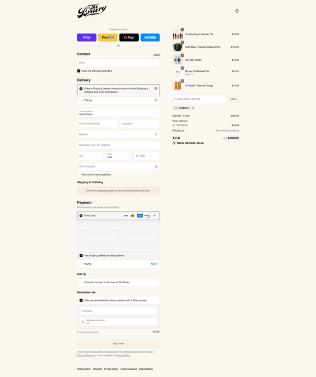 The Bruery checkout page showing The Bruery discount code box | Screenshot taken by SimplyCodes community member on Sep 4, 2025