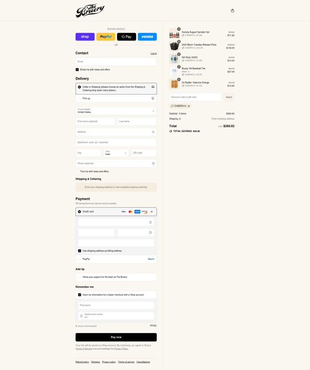 The Bruery checkout page showing The Bruery discount code box | Screenshot taken by SimplyCodes community member on Aug 31, 2025