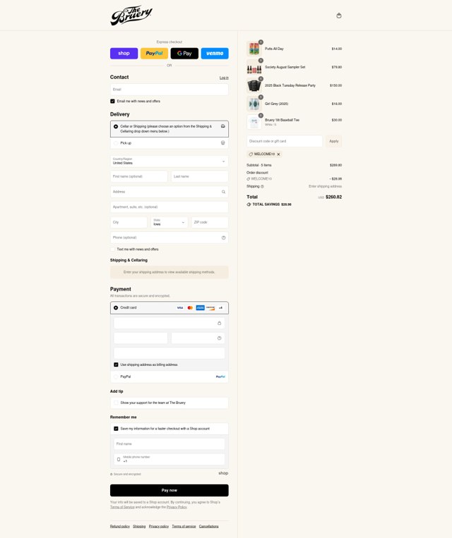 The Bruery checkout page showing The Bruery discount code box | Screenshot taken by SimplyCodes community member on Sep 8, 2025