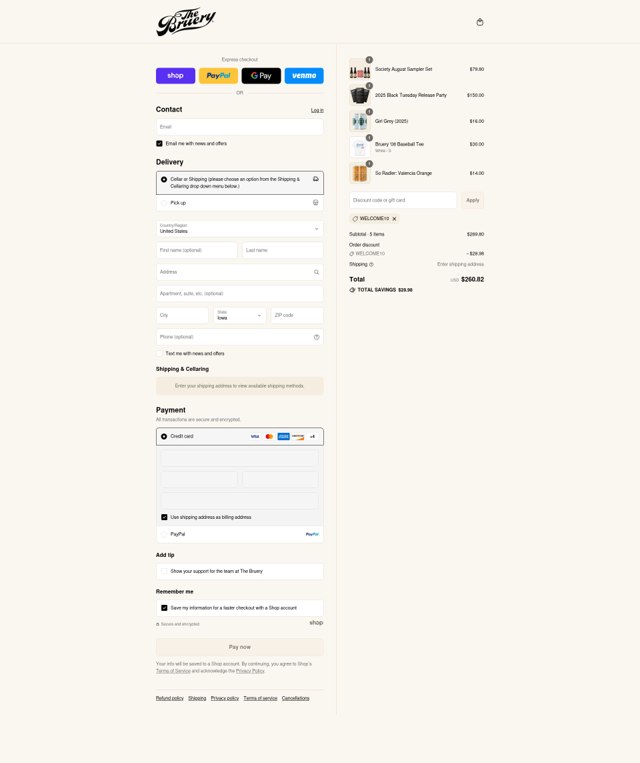 The Bruery checkout page showing The Bruery discount code box | Screenshot taken by SimplyCodes community member on Sep 4, 2025