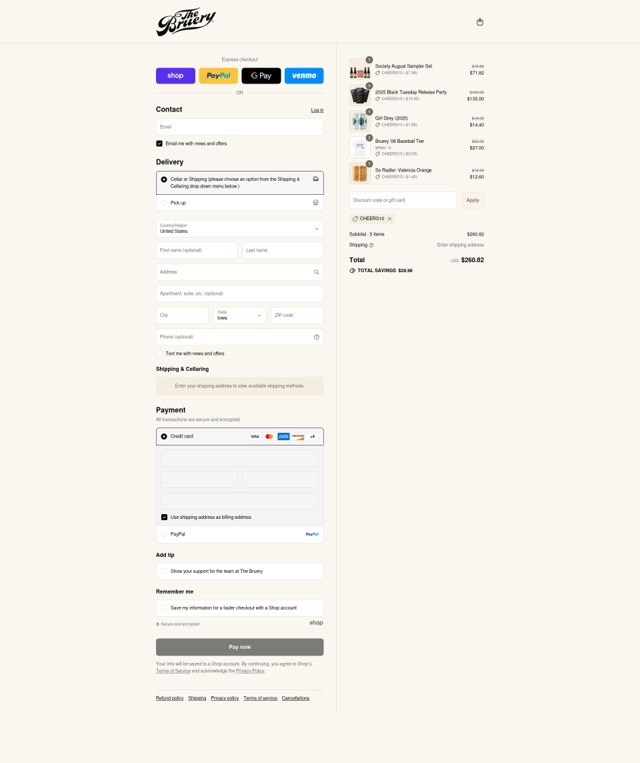 The Bruery checkout page showing The Bruery discount code box | Screenshot taken by SimplyCodes community member on Sep 4, 2025