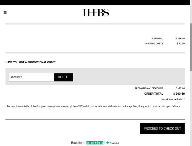 THEBS checkout page showing THEBS promo code box | Screenshot taken by SimplyCodes community member on Sep 6, 2025