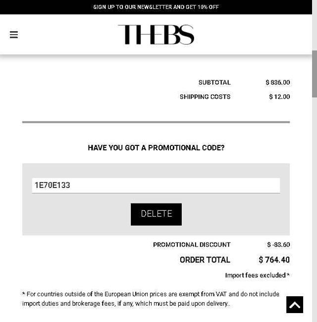 THEBS checkout page showing THEBS promo code box | Screenshot taken by SimplyCodes community member on Sep 5, 2025