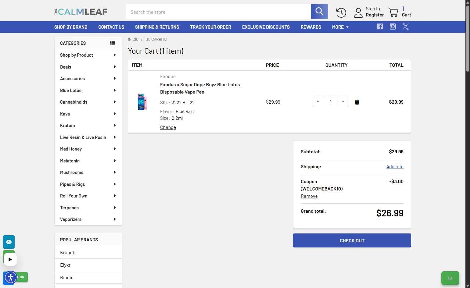 The Calm Leaf checkout page showing The Calm Leaf coupon code box | Screenshot taken by SimplyCodes community member on Feb 4, 2026