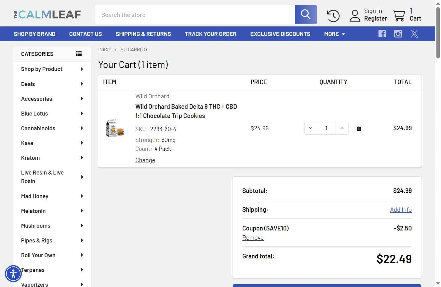 The Calm Leaf checkout page showing The Calm Leaf coupon code box | Screenshot taken by SimplyCodes community member on Jan 9, 2026