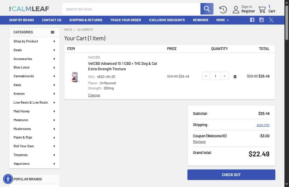The Calm Leaf checkout page showing The Calm Leaf coupon code box | Screenshot taken by SimplyCodes community member on Jan 8, 2026