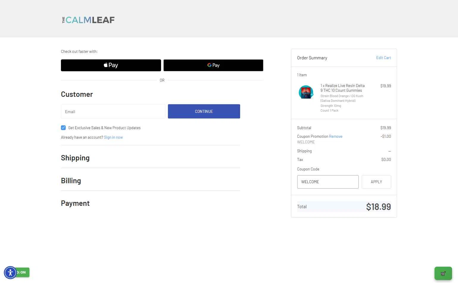 The Calm Leaf checkout page showing The Calm Leaf coupon code box | Screenshot taken by SimplyCodes community member on Dec 10, 2025