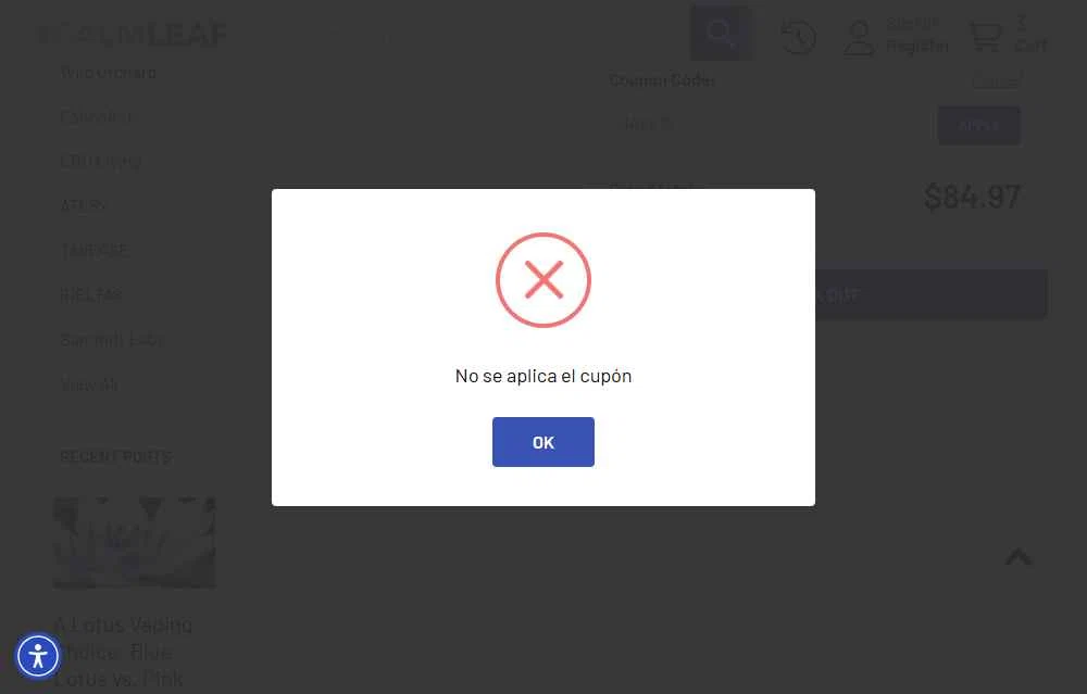 The Calm Leaf checkout page showing The Calm Leaf coupon code box | Screenshot taken by SimplyCodes community member on Feb 11, 2026