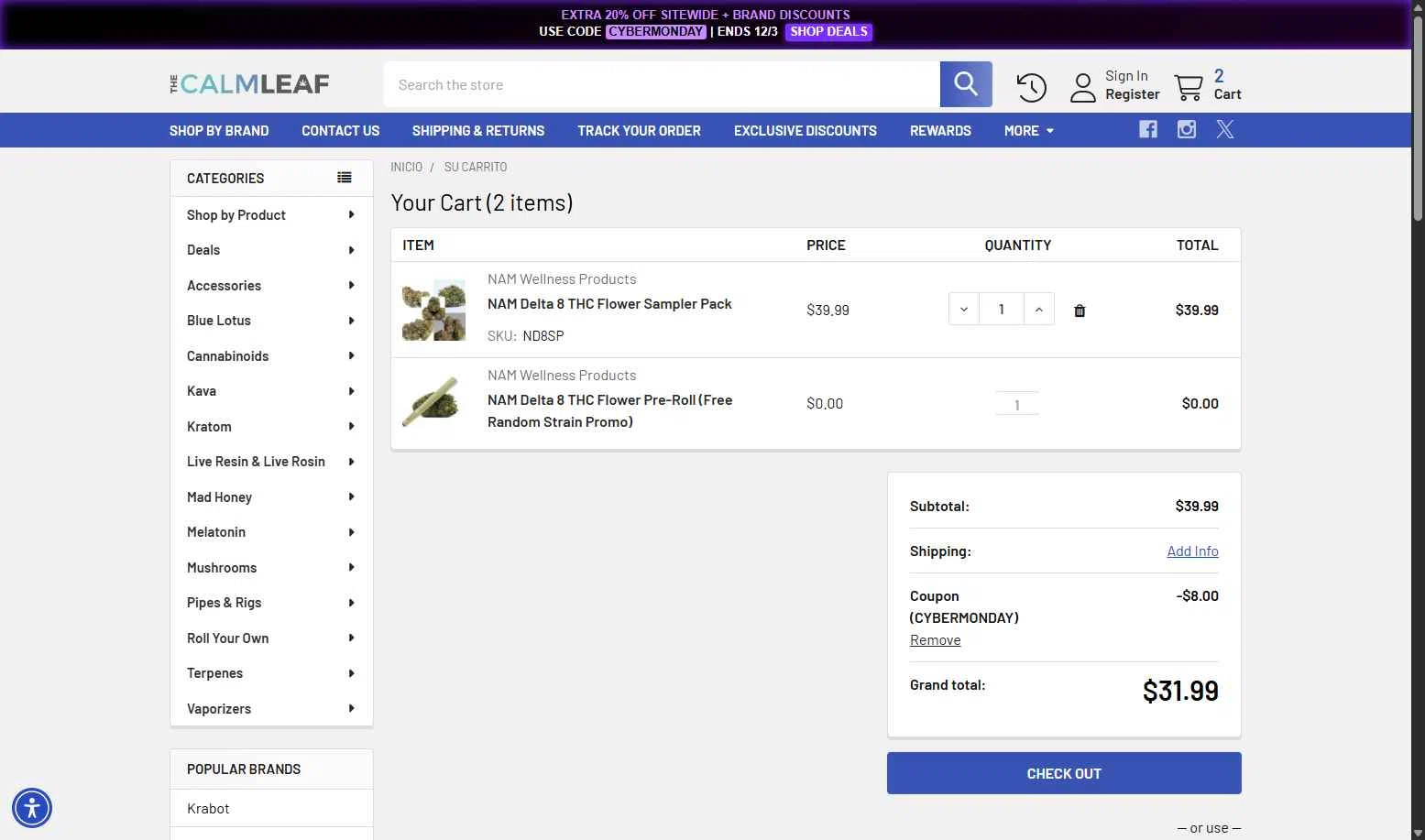 The Calm Leaf checkout page showing The Calm Leaf coupon code box | Screenshot taken by SimplyCodes community member on Dec 1, 2025