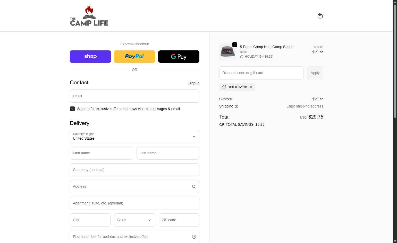 The Camp Life checkout page showing The Camp Life promo code box | Screenshot taken by SimplyCodes community member on Feb 13, 2026