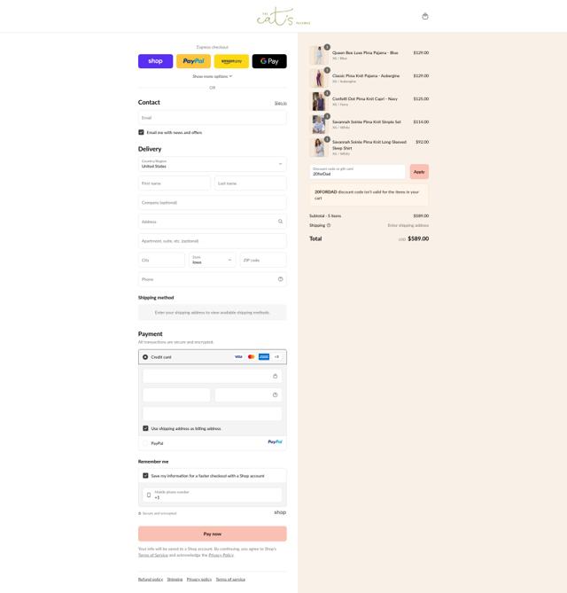 The Cat's Pajamas checkout page showing The Cat's Pajamas promo code box | Screenshot taken by SimplyCodes community member on Sep 11, 2025