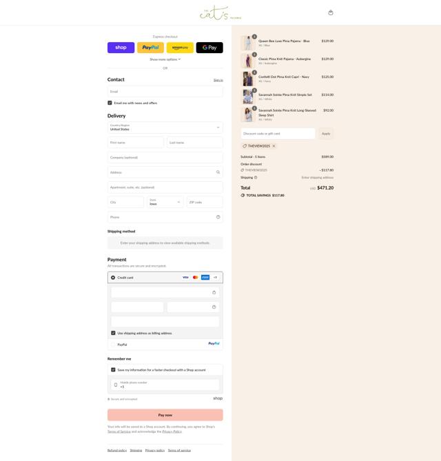 The Cat's Pajamas checkout page showing The Cat's Pajamas promo code box | Screenshot taken by SimplyCodes community member on Sep 11, 2025