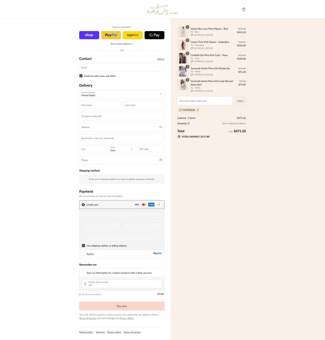 The Cat's Pajamas checkout page showing The Cat's Pajamas promo code box | Screenshot taken by SimplyCodes community member on Sep 11, 2025