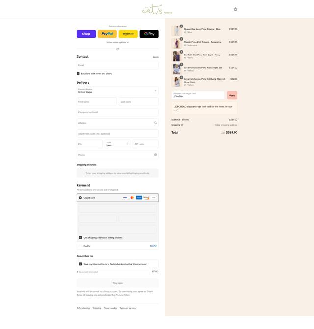 The Cat's Pajamas checkout page showing The Cat's Pajamas promo code box | Screenshot taken by SimplyCodes community member on Sep 7, 2025