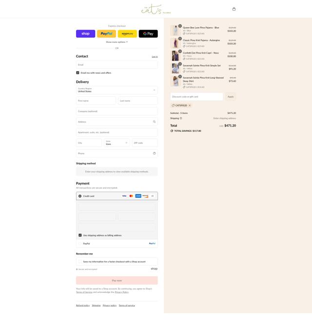 The Cat's Pajamas checkout page showing The Cat's Pajamas promo code box | Screenshot taken by SimplyCodes community member on Sep 7, 2025