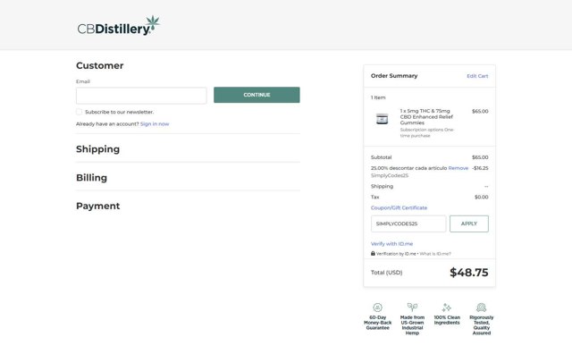 CBDistillery checkout page showing CBDistillery coupon code box | Screenshot taken by SimplyCodes community member on Jul 12, 2025